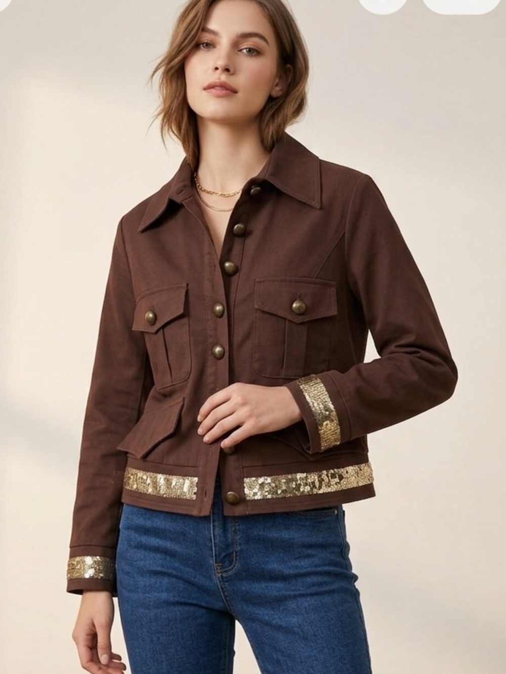 Joyxtin‎ Chic Brown Women's Utility Jacket with beautiful Sequin Accents